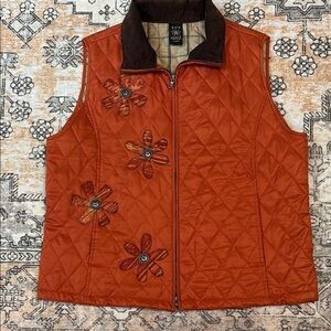 SUN MODA L orange patchwork mixed media double zip vest w/ button flowers